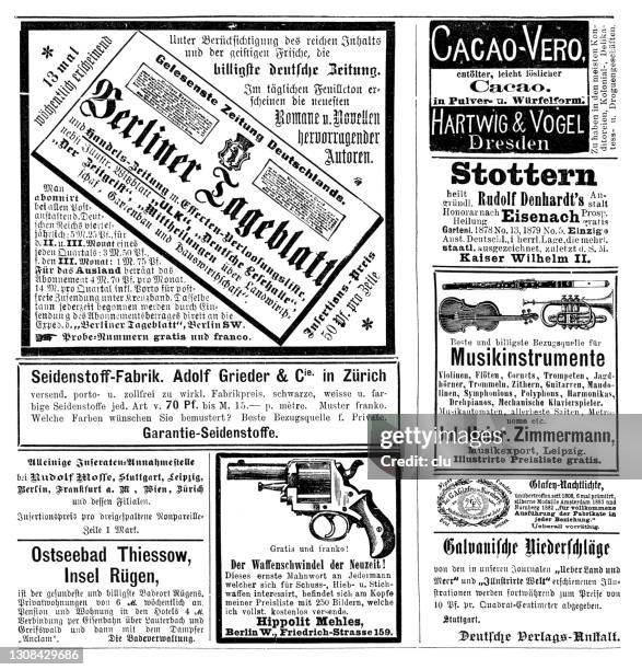 ads from a german magazine 1892 including osteebad thiessow - old advertisement stock illustrations