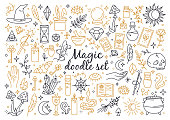 A magical and witchcraft set of doodle style icons
