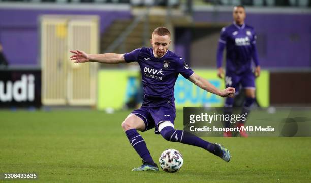 Adrien Trebel of Anderlecht in action with the ball during the Jupiler Pro League match between RSC Anderlecht and SV Zulte Waregem at Lotto Park...