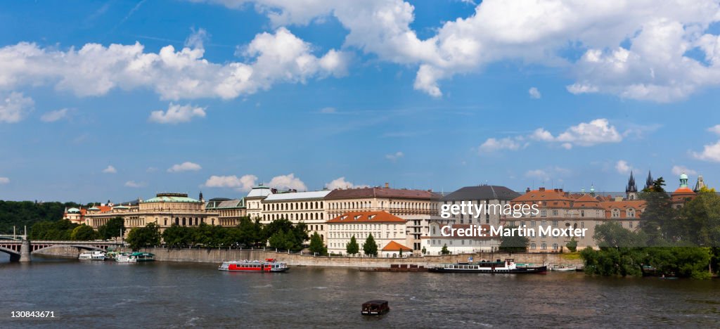 View across Vltava River on the historic town, behind the Rudolfinum and the Academy of Art, Prague, Czech Republic, Europe