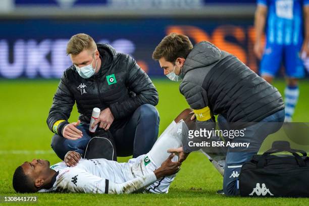 Jean Harisson Marcelin of Cercle Brugge injured during the Jupiler Pro League match between KAA Gent and Cercle Brugge at Ghelamco Arena on March 21,...