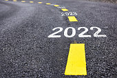 New year 2022 to 2025 on asphalt road with marking lines for giving directions