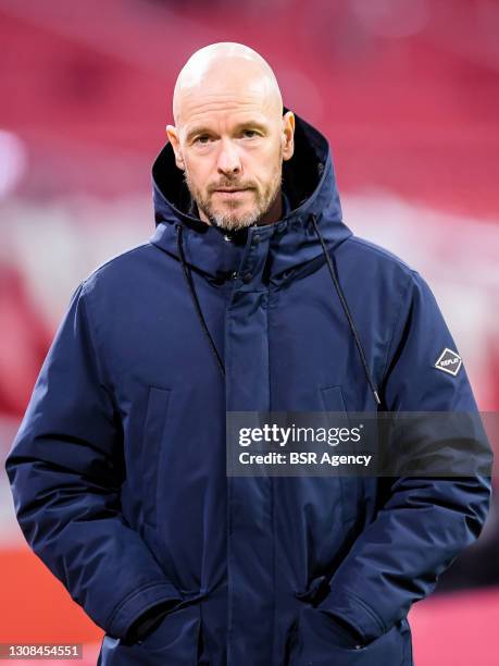 Coach Erik ten Hag of Ajax during the Eredivisie match between Ajax and ADO Den Haag at Johan Cruijff ArenA on March 21, 2021 in Amsterdam,...