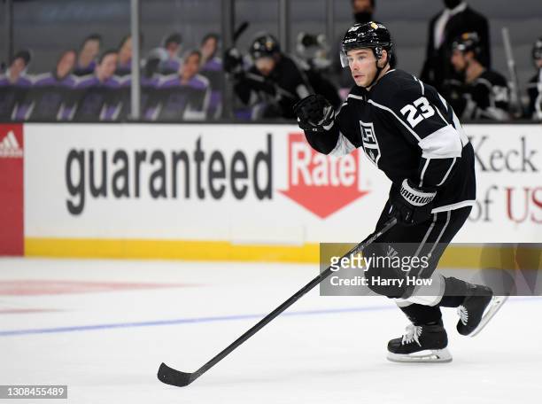 Dustin Brown of the Los Angeles Kings skates after the puck during a 3-1 win over the Vegas Knights at Staples Center on March 21, 2021 in Los...