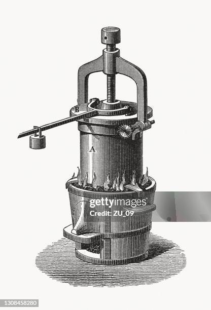 stockillustraties, clipart, cartoons en iconen met denis papins stoomvergister (1679), houtgravure, uitgegeven in 1893 - machine valve