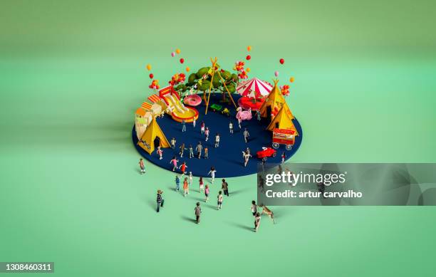 group of kids running to the amusement party area, 3d image - festival goer stock-fotos und bilder