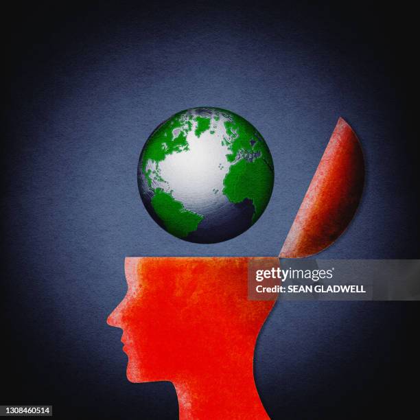 globe head illustration - a journey to planet sanity stock pictures, royalty-free photos & images