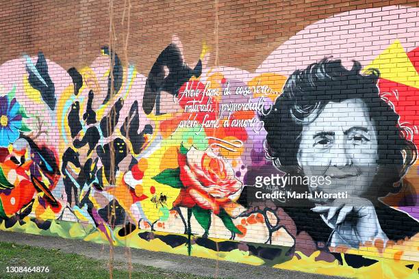 View of the mural in via Gallarate dedicated to the italian poet Alda Merini on March 20, 2021 in Milan, Italy.