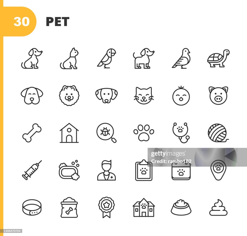 Ícones da linha pet. Golpe editável. Pixel Perfeito. Para Mobile e Web. Contém ícones como Cão, Gato, Papagaio, Filhote, Pássaro, Tartaruga, Gatinho, Pintinho, Porco, Osso de Cachorro, Cabana, Veterinário, Pata de Cachorro, Seringa, Vacina, Banho, A