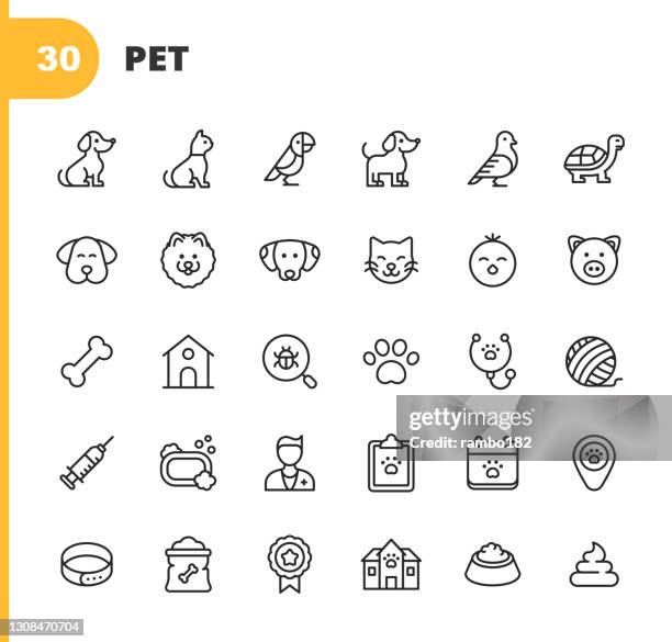 pet line icons. editable stroke. pixel perfect. for mobile and web. contains such icons as dog, cat, parrot, puppy, bird, tortoise, kitten, chick, pig, dog bone, hut, vet, dog paw, syringe, vaccine, bath, shelter, award, food, poop, domestic animal, pet. - stool stock illustrations