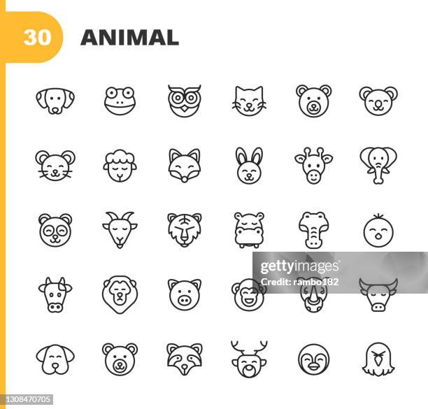 ilustrações, clipart, desenhos animados e ícones de ícones da linha animal. golpe editável. pixel perfeito. para mobile e web. contém ícones como cão, sapo, coruja, gato, urso, rato, ovelha, raposa, coelho, girafa, elefante, panda, cabra, leão, tigre, hipopótamo, pintinho, vaca, porco, macaco, touro, - animal