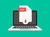 Download PDF  icon file with label on laptop screen. Downloading document concept. View, read, download PDF file on laptops and mobile devices. Banner for business, marketing and advertising.