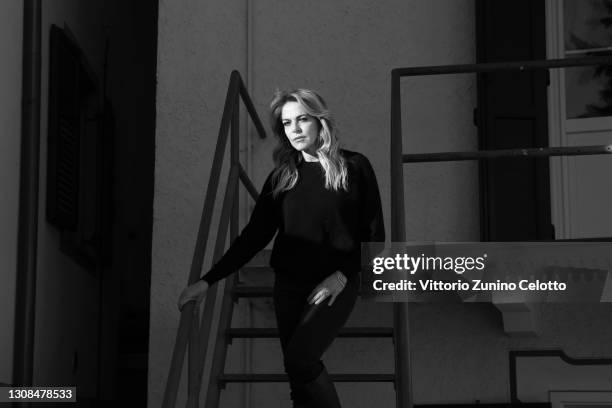 Claudia Gerini poses during Cortinametraggio 2021 at Hotel Victoria Park on March 22, 2021 in Cortina d'Ampezzo, Italy.