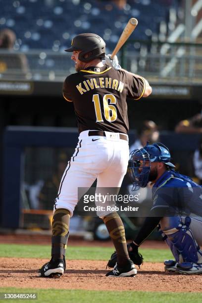 Patrick Kivlehan of the San Diego Padres looks on during the game against the Kansas City Royals at Peoria Stadium on March 7, 2021 in Peoria,...