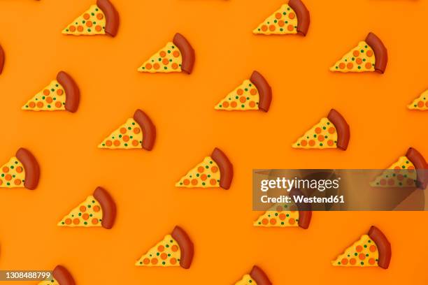 three dimensional render of pizza slices on orange background - food orange background stock illustrations