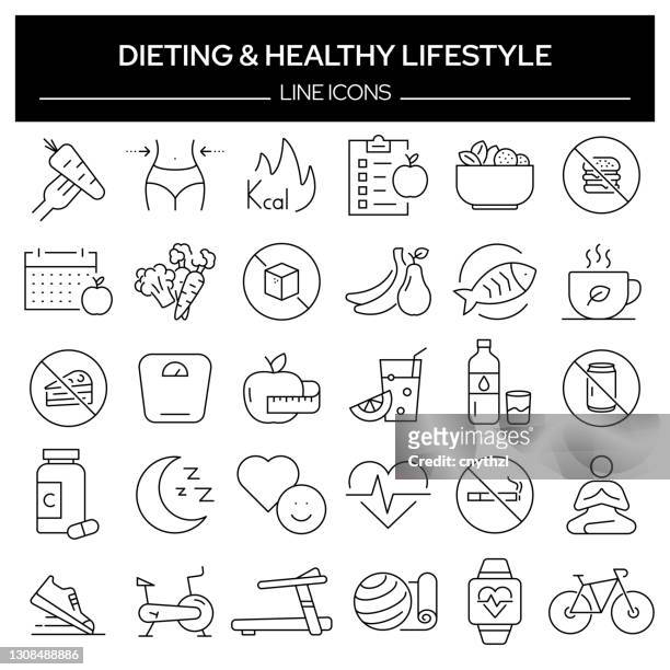 一套節食和健康生活方式相關行圖示。大綱符號集合，可編輯筆劃 - wellness 幅插畫檔、美工圖案、卡通及圖標
