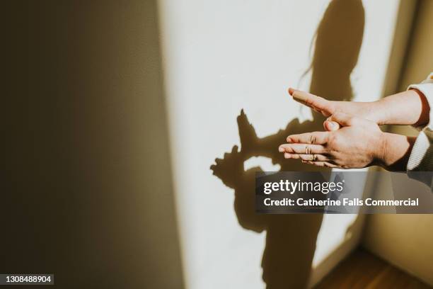 child making shadow puppets on a white wall - hand puppet stock-fotos und bilder