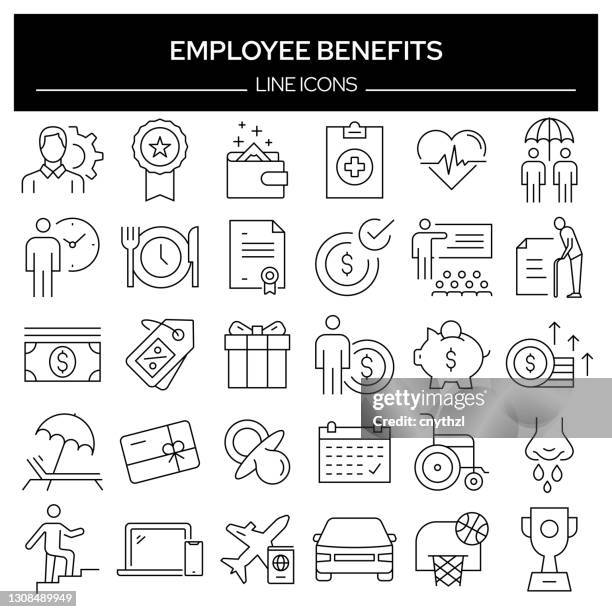 illustrazioni stock, clip art, cartoni animati e icone di tendenza di set di icone di linea correlate ai vantaggi per i dipendenti. insieme outline symbol, tratto modificabile - servizio sociale