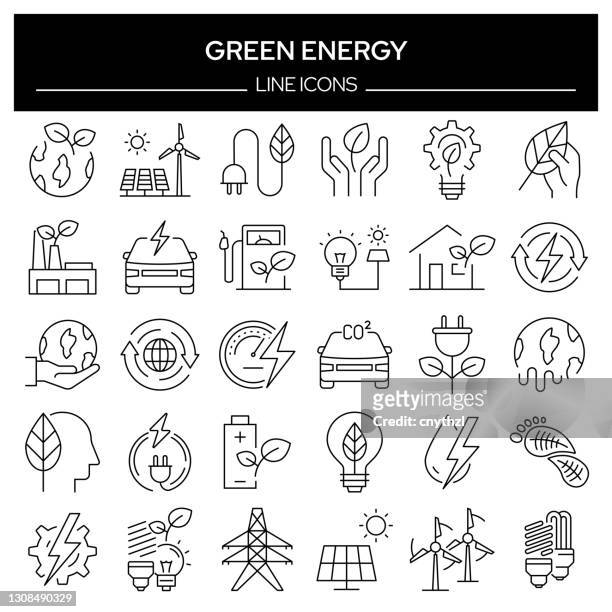 satz von grünen energie verwandte linie icons. umrisssymbolsammlung, bearbeitbarer strich - energieindustrie stock-grafiken, -clipart, -cartoons und -symbole