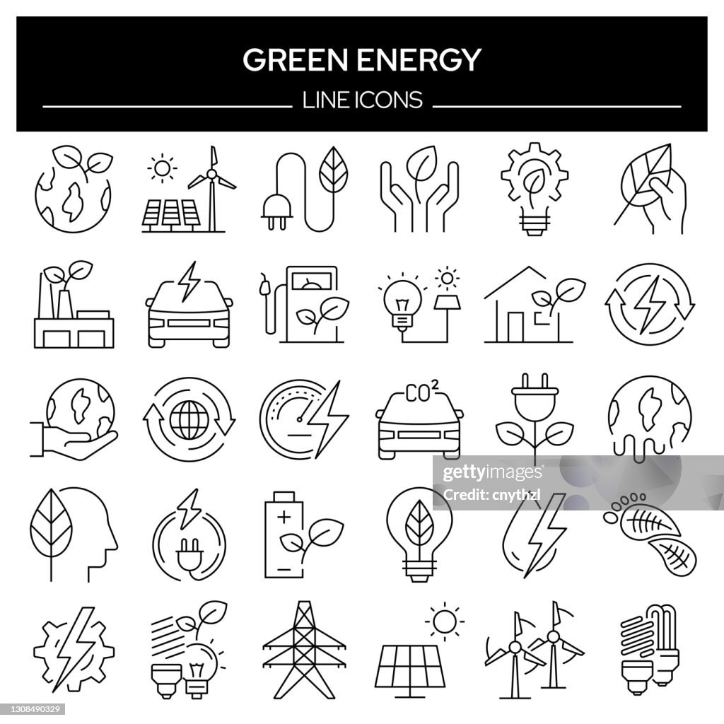 Conjunto de iconos de línea relacionados con energía verde. Colección de símbolos de contorno, trazo editable