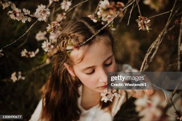 innocent girl holding fresh blossoming almond - almond joy stock pictures, royalty-free photos & images