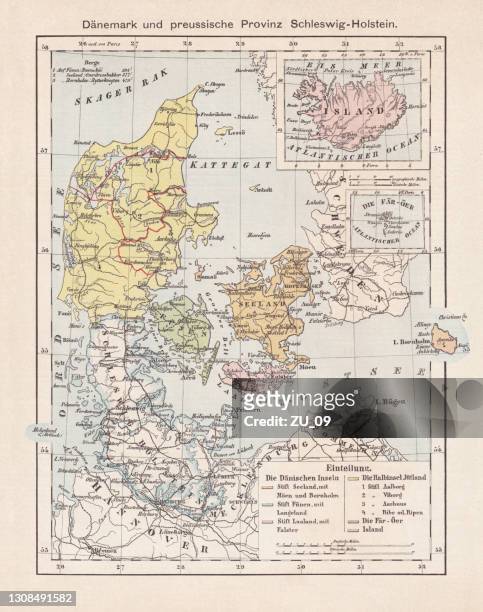 karte von dänemark, island, färöer und schleswig-holstein. lithographie, 1893 - kattegat stock-grafiken, -clipart, -cartoons und -symbole