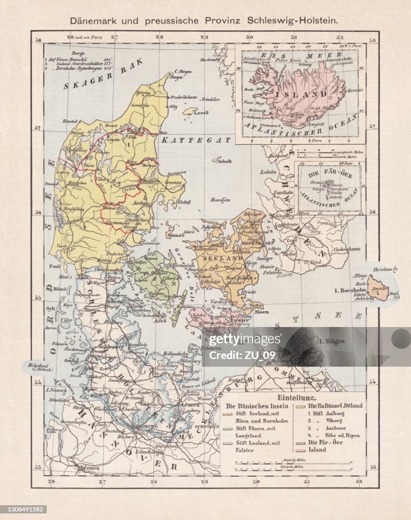 Mapa de Dinamarca, Islandia, Islas Feroe y Schleswig-Holstein. litografía, 1893