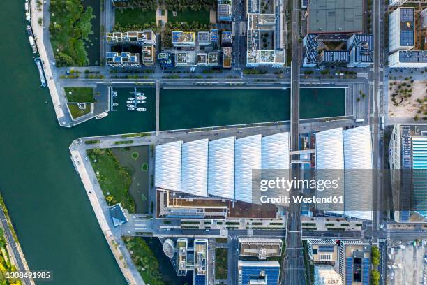 france, auvergne-rhone-alpes, lyon, aerial view of marina of riverside city - waterfront stockfoto's en -beelden