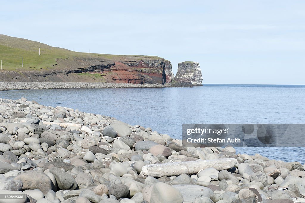 Rocky coast with bird rocks near Núpskatla, Raufarhoefn, Melrakkaslétta, Iceland, Scandinavia, Northern Europe, Europe