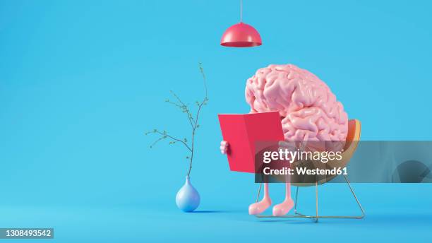 stockillustraties, clipart, cartoons en iconen met three dimensional render of human brain reading book - 3d book