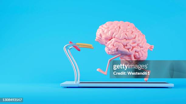 stockillustraties, clipart, cartoons en iconen met three dimensional render of human brain running on treadmill - sport blue background