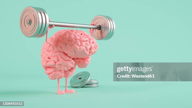 three dimensional render of human brain lifting weights - funny illustrations stock-grafiken, -clipart, -cartoons und -symbole