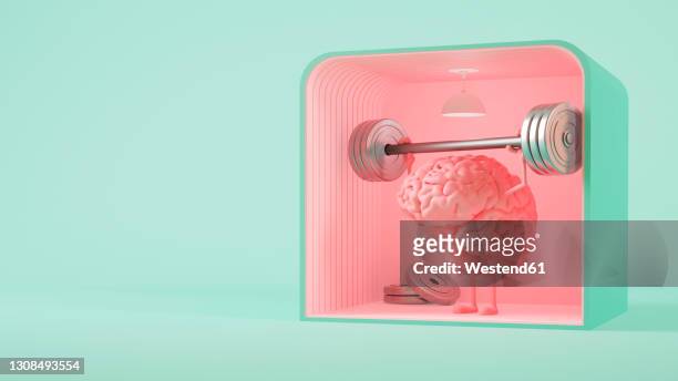 three dimensional render of human brain lifting weights - brain workout stock-grafiken, -clipart, -cartoons und -symbole