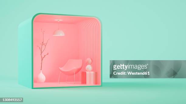 three dimensional render of pink colored living room cubicle - magenta stock-grafiken, -clipart, -cartoons und -symbole