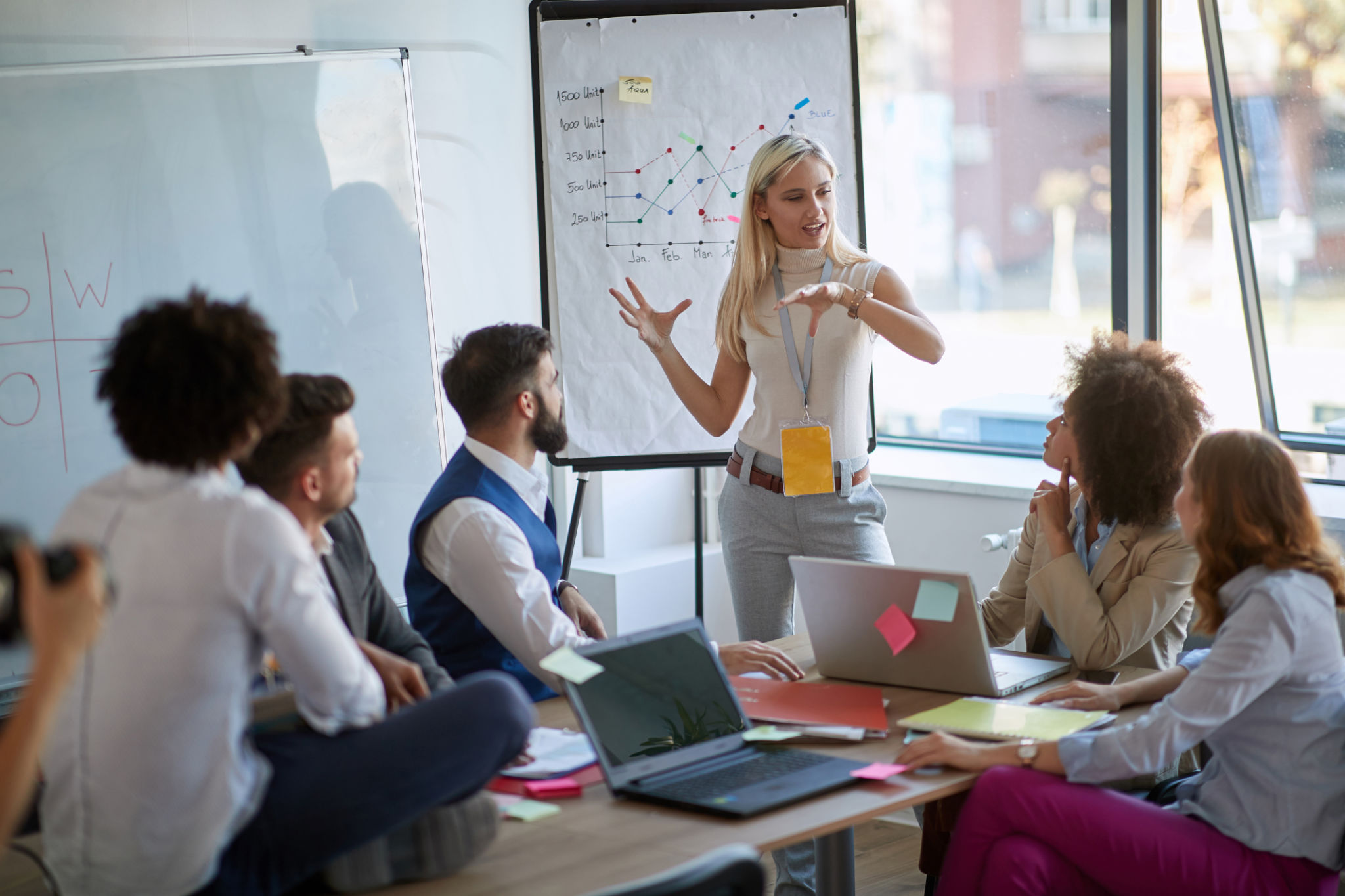 Business woman present her idea to working team.Business colleagues talking about plan or new project. Business woman present her idea to working team.Business colleagues talking about plan or new project.