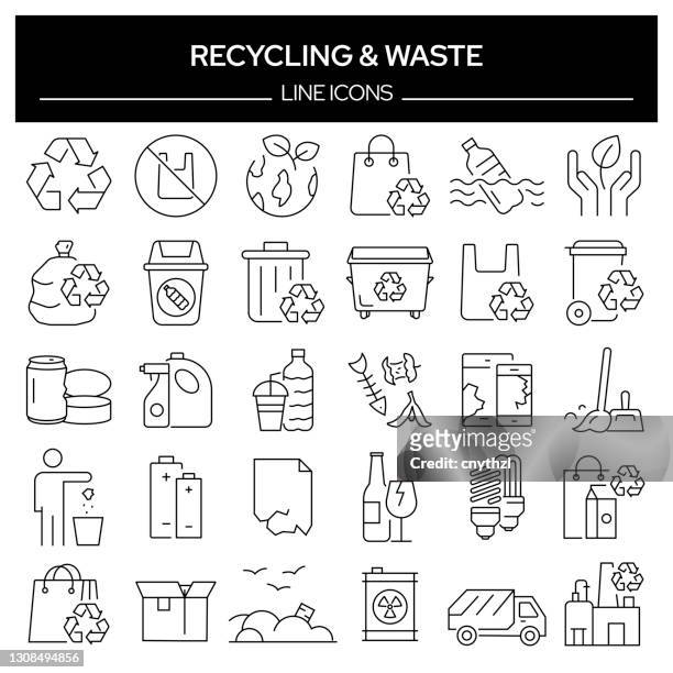 set of recycling and waste related line icons. outline symbol collection, editable stroke - recycling symbol stock illustrations