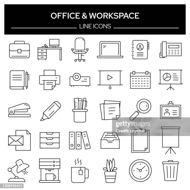 set of office and workspace related line icons. outline symbol collection, editable stroke - desk organizer stock illustrations