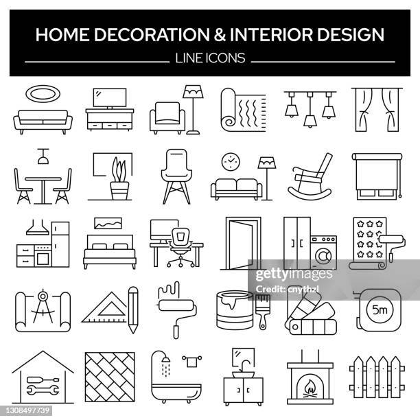 ilustraciones, imágenes clip art, dibujos animados e iconos de stock de conjunto de iconos de línea relacionados con la decoración del hogar y el diseño de interiores. colección de símbolos de contorno, trazo editable - diseñador de interiores