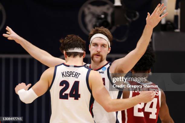 Drew Timme of the Gonzaga Bulldogs celebrates with Corey Kispert against the Oklahoma Sooners in the second round game of the 2021 NCAA Men's...