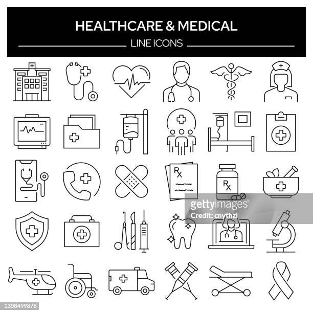 satz von healthcare und medical related line icons. umrisssymbolsammlung, bearbeitbarer strich - serum stock-grafiken, -clipart, -cartoons und -symbole