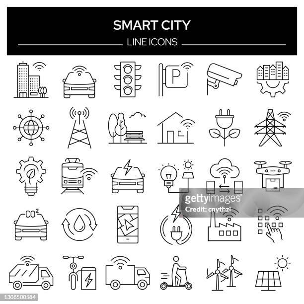 illustrazioni stock, clip art, cartoni animati e icone di tendenza di set di icone di linea correlate a smart city. insieme outline symbol, tratto modificabile - internet delle cose
