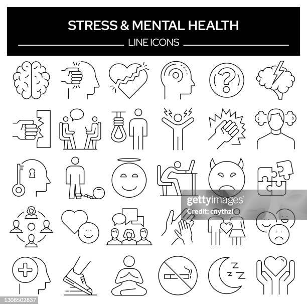 set of stress, depression, mental health related line icons. outline symbol collection, editable stroke - therapy stock illustrations