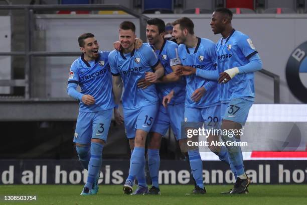 Soma Novothny of Bochum celebrates his team's third goal with teammates during the Second Bundesliga match between Fortuna Düsseldorf and VfL Bochum...