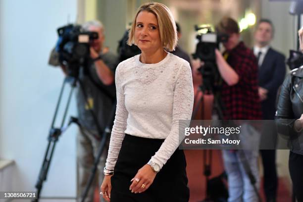 Senator Kristina Keneally speaks to media during a doorstop in the Press Gallery at Parliament House on March 23, 2021 in Canberra, Australia. The...