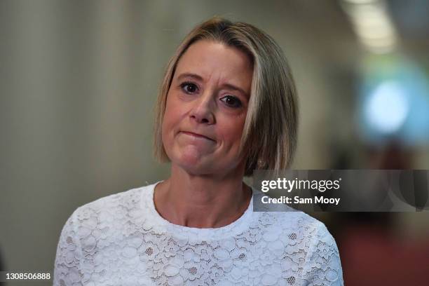 Senator Kristina Keneally speaks to media during a doorstop in the Press Gallery at Parliament House on March 23, 2021 in Canberra, Australia. The...