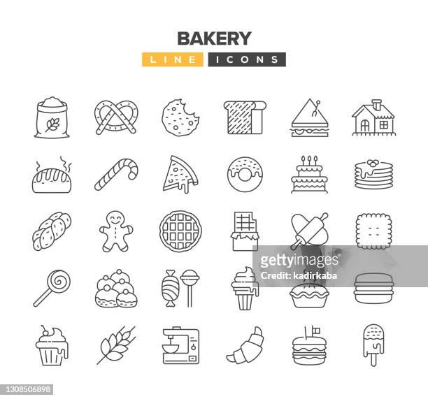 ilustraciones, imágenes clip art, dibujos animados e iconos de stock de conjunto de iconos de la línea de panadería - gingerbread house
