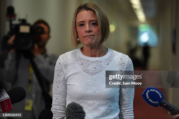 Senator Kristina Keneally speaks to media during a doorstop in the Press Gallery at Parliament House on March 23, 2021 in Canberra, Australia. The...