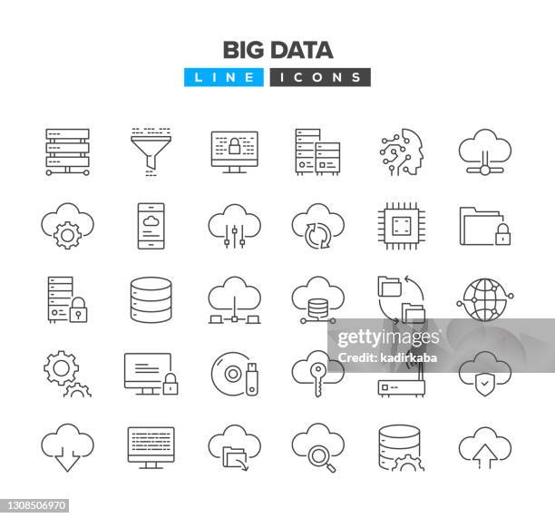 illustrations, cliparts, dessins animés et icônes de ensemble d’icônes big data line - base de données