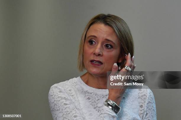 Senator Kristina Keneally speaks to media during a doorstop in the Press Gallery at Parliament House on March 23, 2021 in Canberra, Australia. The...