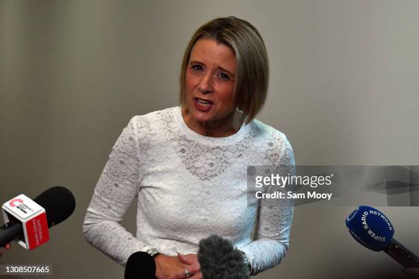 Senator Kristina Keneally speaks to media during a doorstop in the Press Gallery at Parliament House on March 23, 2021 in Canberra, Australia. The...